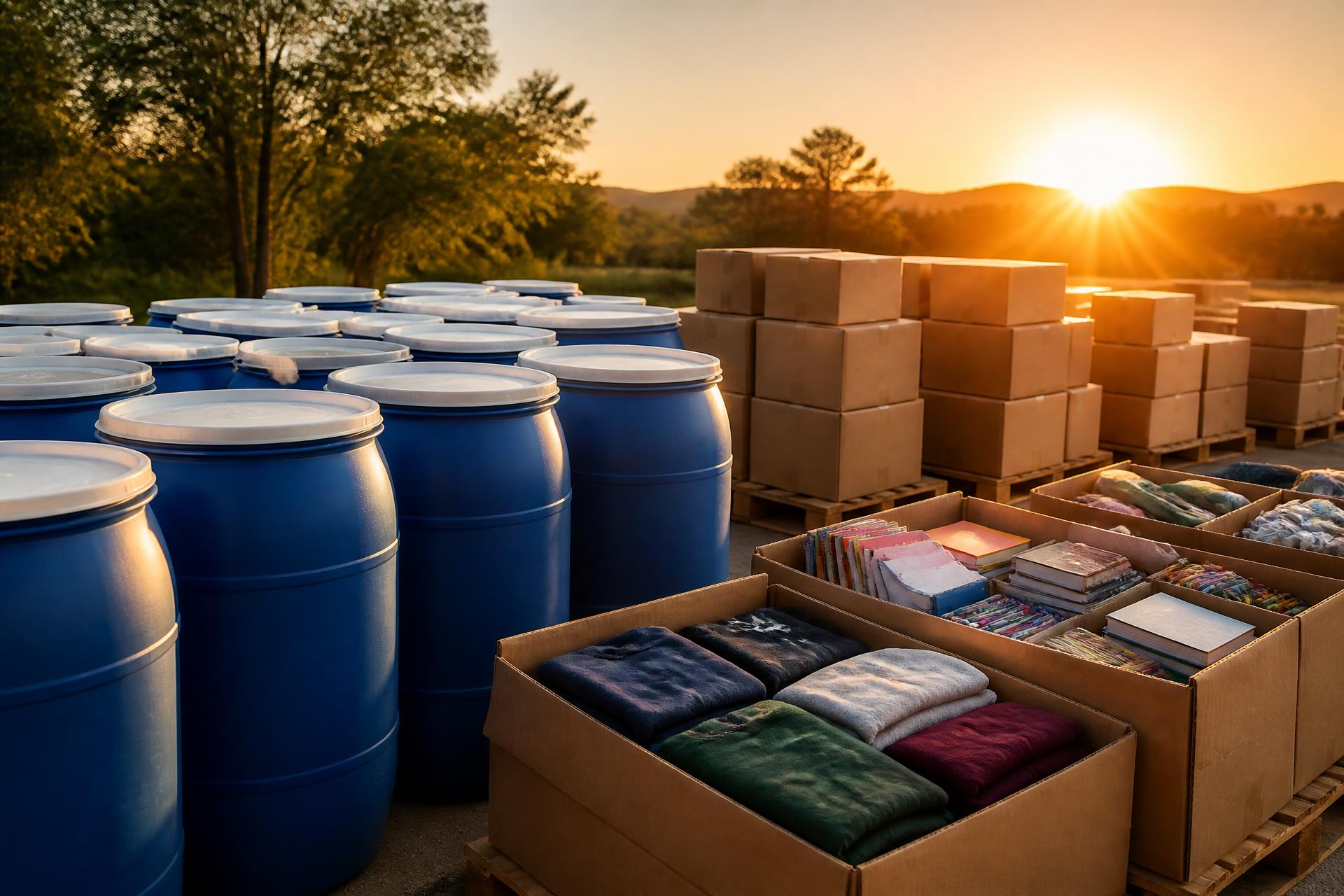 Humanitarian aid barrels and boxes of clothing, school supplies, and essentials prepared for shipment (AI-generated placeholder image)
